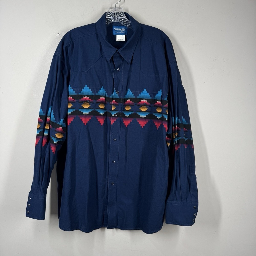 Vtg‎ Wrangler Shirt Men Sz 2XL Pearl Snap Blue Brushpopper Aztec Western Rodeo